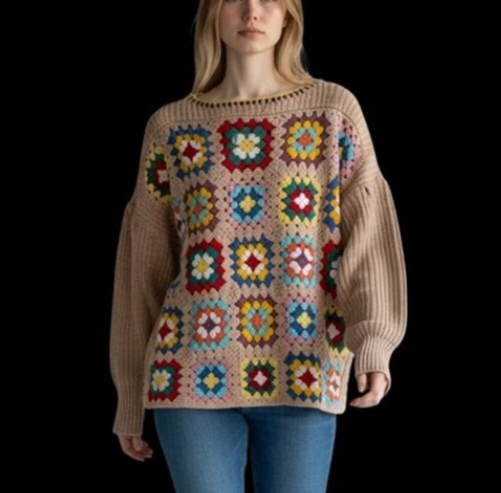 Blue Velvet Granny Square Knit Long Sleeve Sweater Mocha Multicolor Small NWT